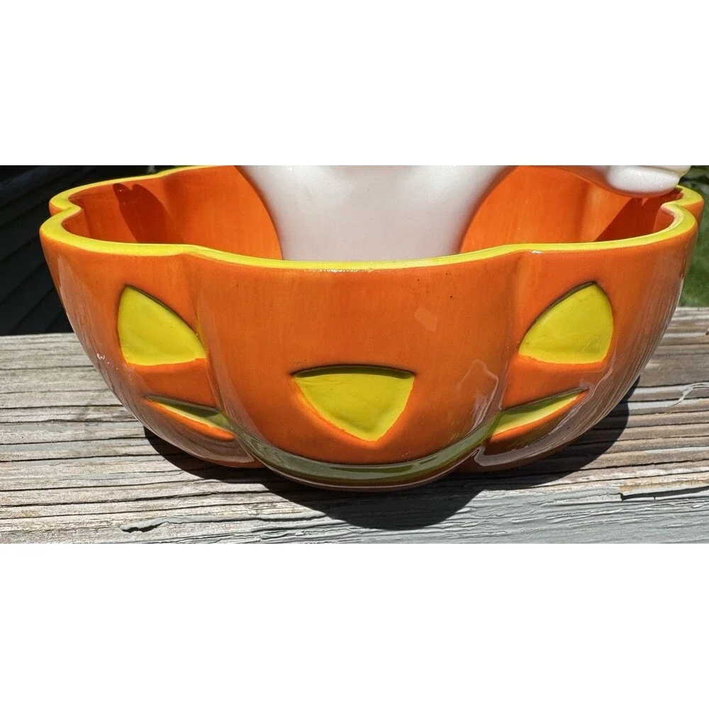 VTG Department 56 Halloween Ghost in Pumpkin Candy Dish Bowl Jiggle Spring Arms